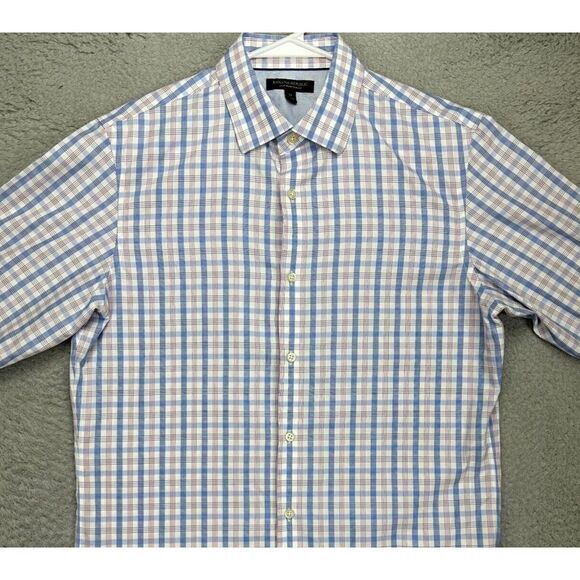 Banana Republic Shirt Mens Medium White Blue Plaid Slim Fit Button Up Cotton